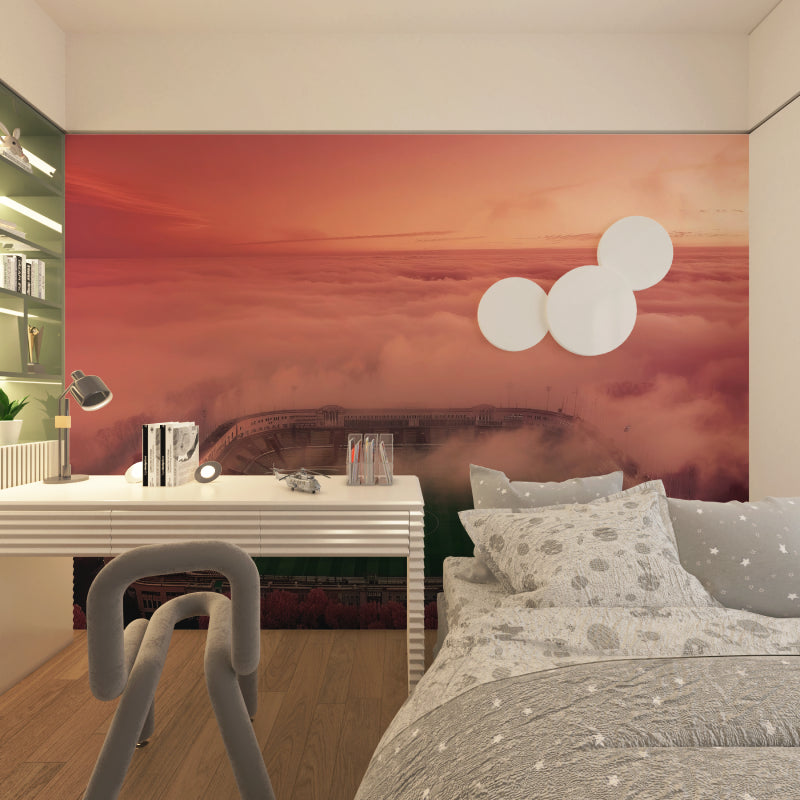 Stadium sunset mural creating atmosphere in a man cave entertainment space