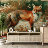 Forest fox wallpaper mural displayed in a cozy living room, showing how the autumn colors enhance the space