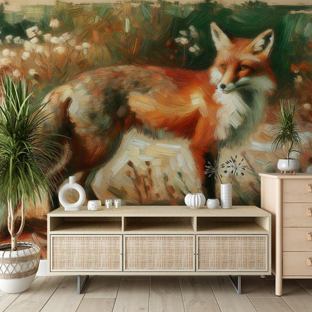 Forest fox wallpaper mural displayed in a cozy living room, showing how the autumn colors enhance the space
