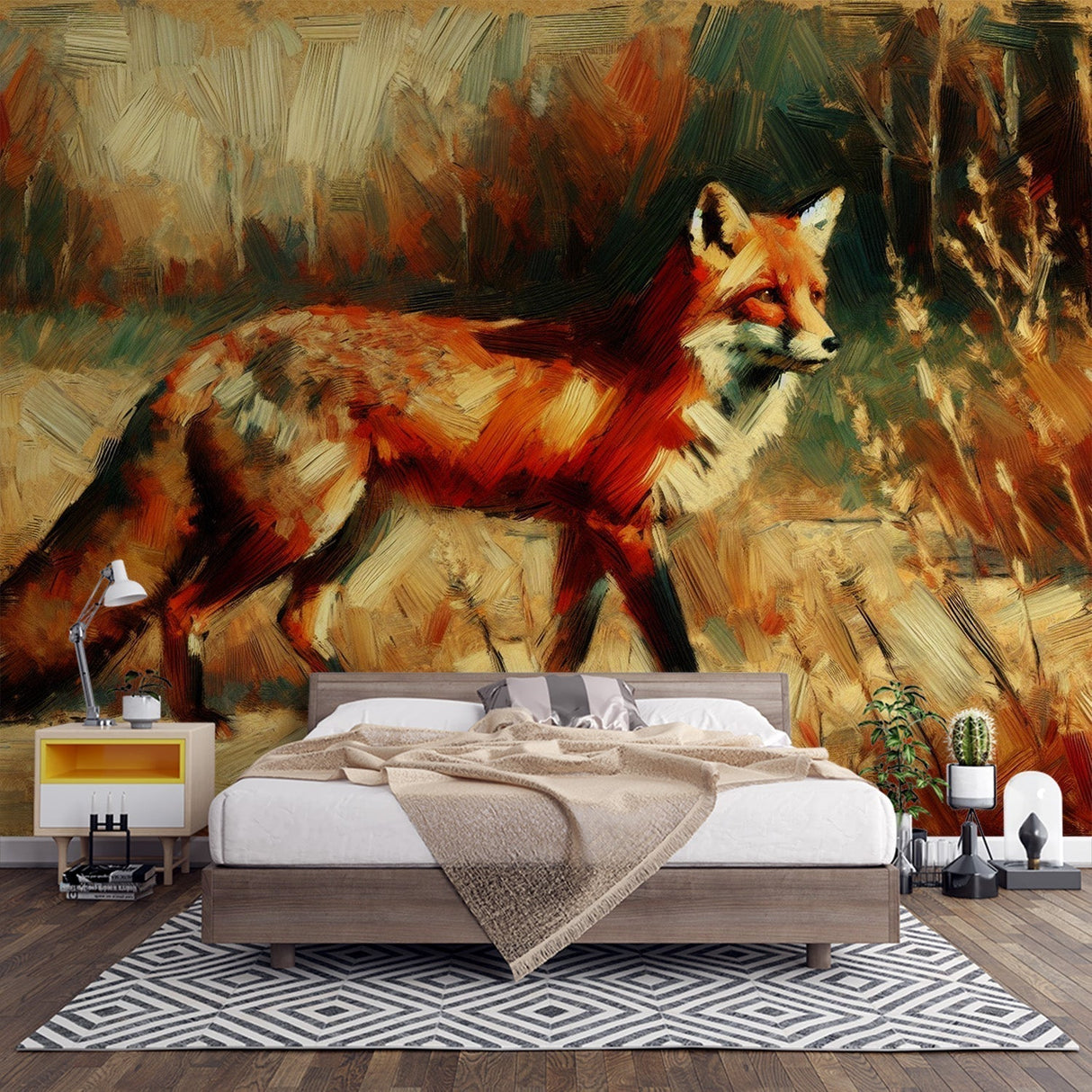 Forest fox wallpaper mural displayed in a modern living room, showing warm autumn colors and artistic oil painting style
