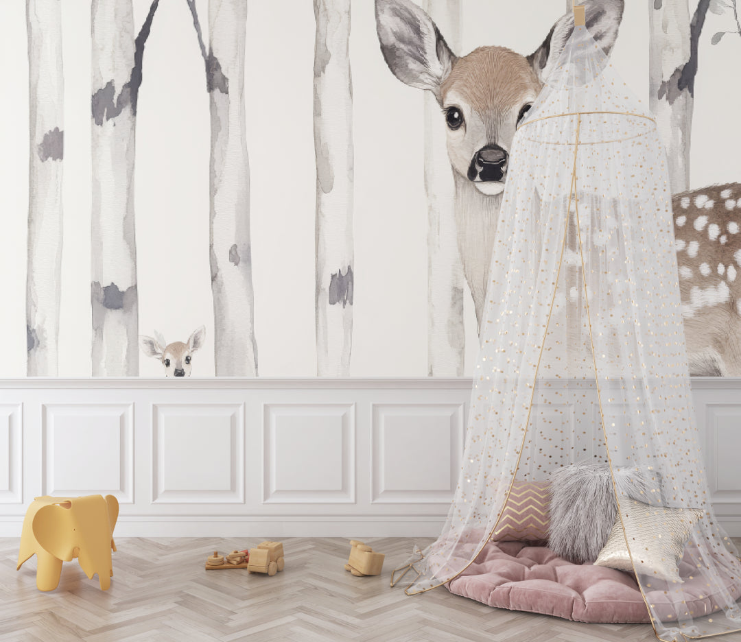 Baby deer wallpaper transforming a toddler's bedroom into a peaceful forest sanctuary
