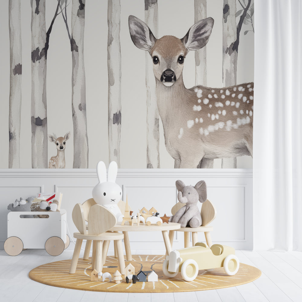 Gentle fawn and birch tree mural adding warmth to a playroom setting
