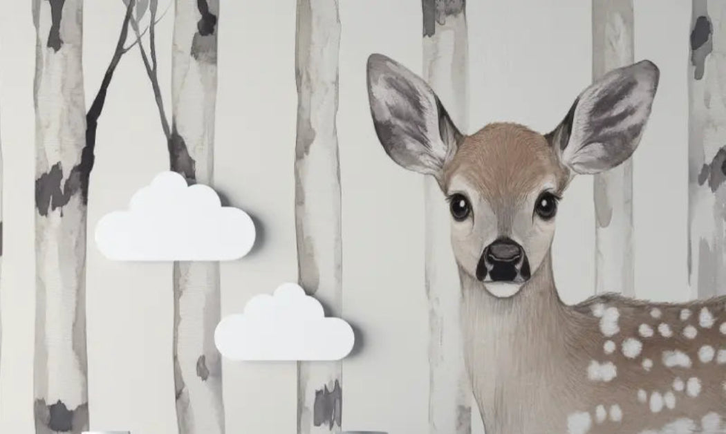 Forest animal wallpaper design file showing detailed watercolor baby deer and birch tree pattern