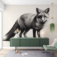 Black and white fox wallpaper mural styled in a modern Scandinavian living room with minimal furniture