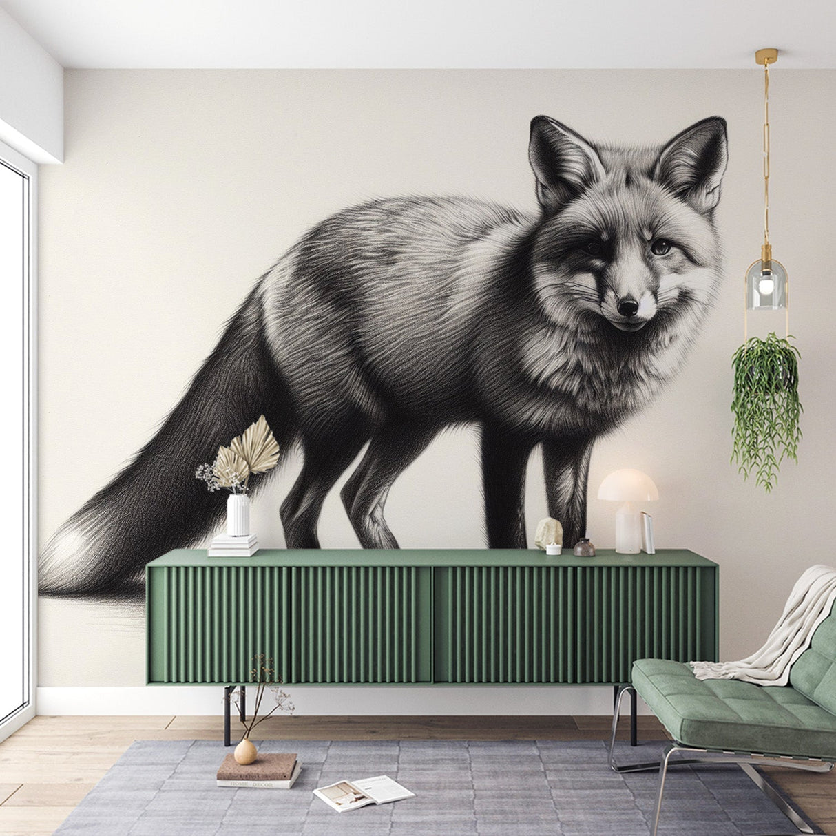 Black and white fox wallpaper mural styled in a modern Scandinavian living room with minimal furniture