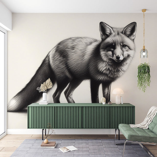 Black and white fox wallpaper mural styled in a modern Scandinavian living room with minimal furniture