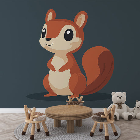 Forest animal wallpaper displayed in a bright modern nursery, showing a cartoon squirrel design in warm terracotta tones