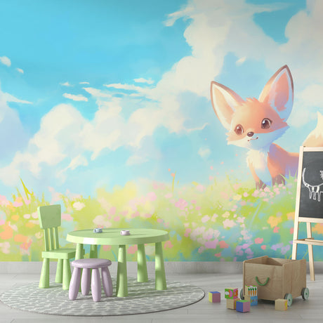 Fox nursery wallpaper creates a cozy atmosphere in a modern white and pink nursery with natural wood furniture