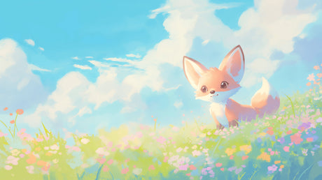 Forest animal wallpaper design file showing cute fox in pastel meadow with watercolor flowers