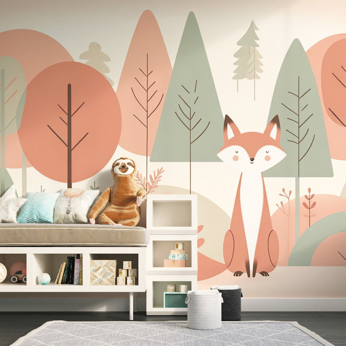 Forest animal wallpaper with cute fox shown in bright nursery setting with white furniture and soft toys