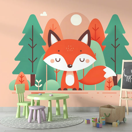 Forest fox wallpaper bringing woodland charm to a modern nursery with coral and green accents