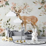 Deer wallpaper in reading nook with soft lighting