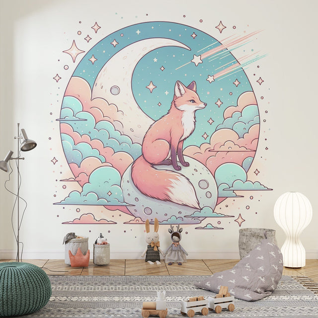 Enchanted fox wallpaper creating a magical atmosphere in a cozy nursery with soft night lighting