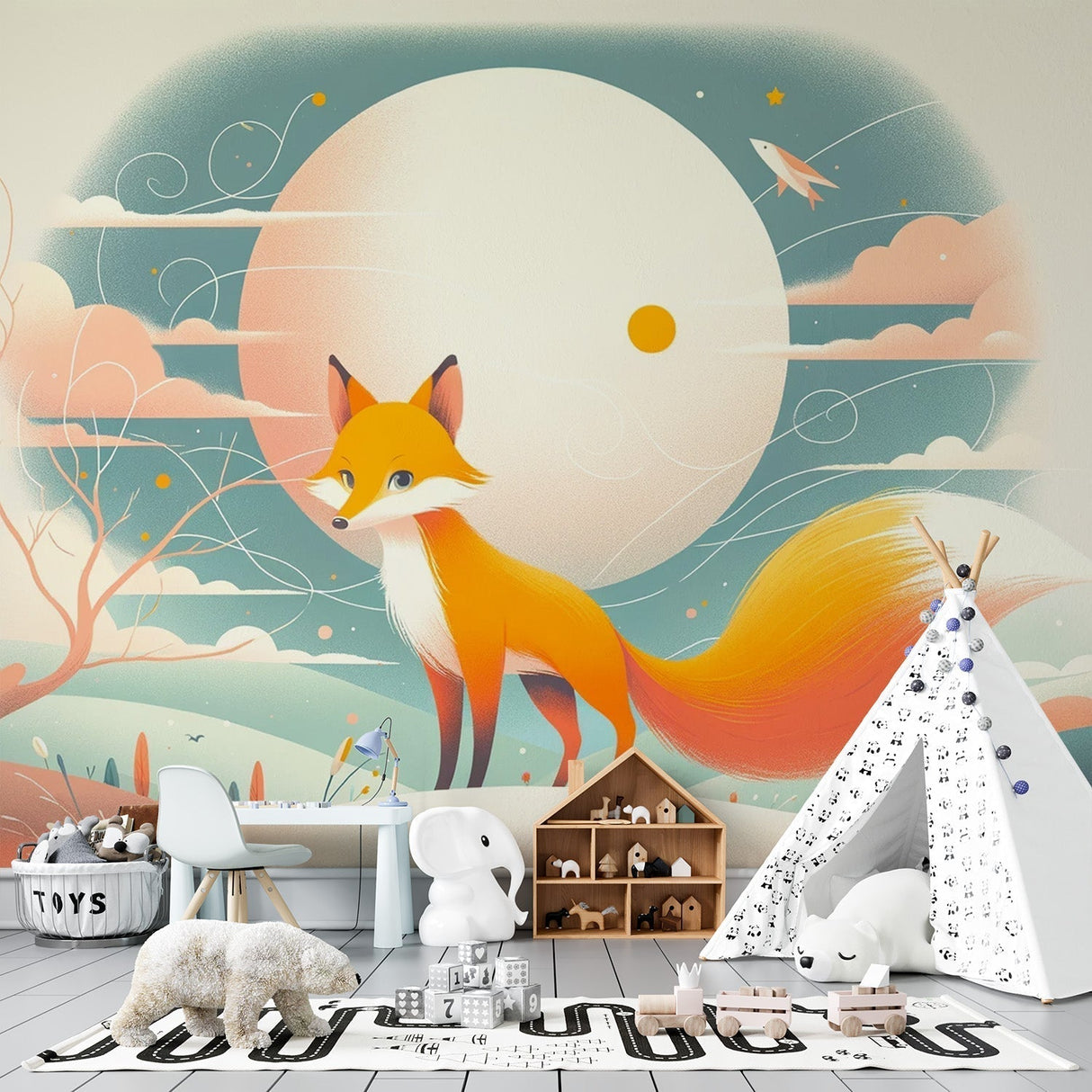 Fox mural wallpaper creating a cozy atmosphere in a modern nursery with soft lighting and natural wood furniture