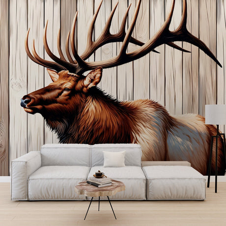 Forest animal wallpaper with majestic elk shown in a modern living room setting with natural light and minimal furniture