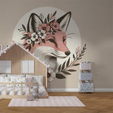 Pink Fox Wallpaper with Floral Crown creating a magical atmosphere in a bright, airy girl's bedroom with white furniture