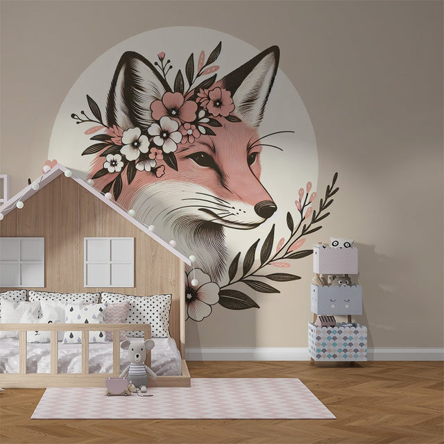 Pink Fox Wallpaper with Floral Crown creating a magical atmosphere in a bright, airy girl's bedroom with white furniture
