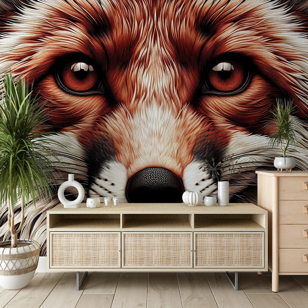 Fox mural wallpaper creating a striking focal point in a modern living room with natural light