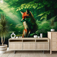Forest fox wallpaper mural styled in a modern living room, showing how the mystical woodland scene adds depth and warmth to the space