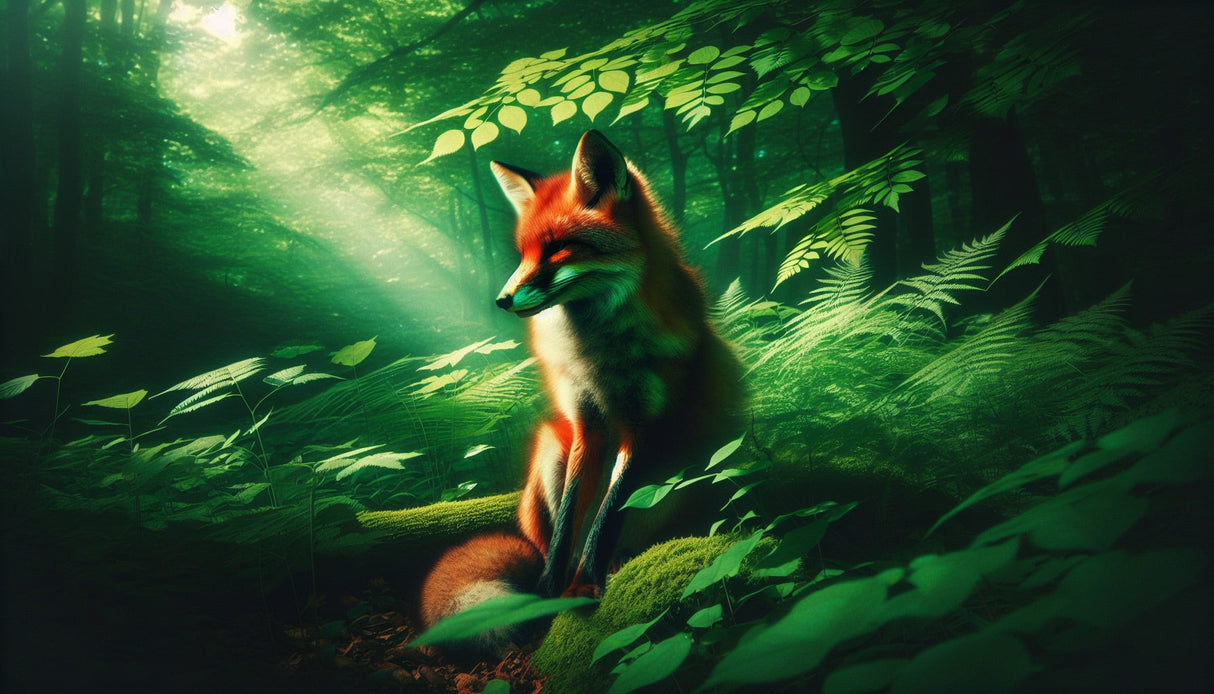 Forest fox wallpaper design file showing detailed mystical woodland scene with sunbeams and red fox