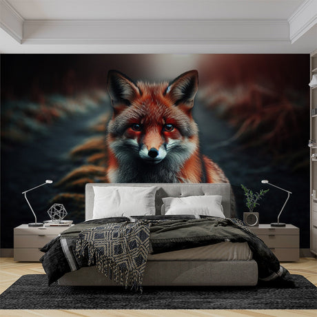 Forest fox wallpaper creating a cozy atmosphere in a modern living room, dramatic shadows highlighting the fox's features