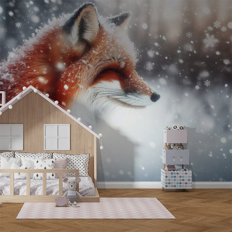 Forest animal wallpaper with snow fox shown in a modern Scandinavian living room, creating a cozy winter atmosphere