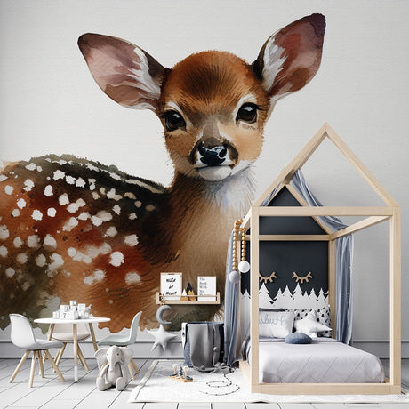 Sweet Baby Deer Wallpaper creates a magical atmosphere in a light-filled nursery with white furniture and natural accents