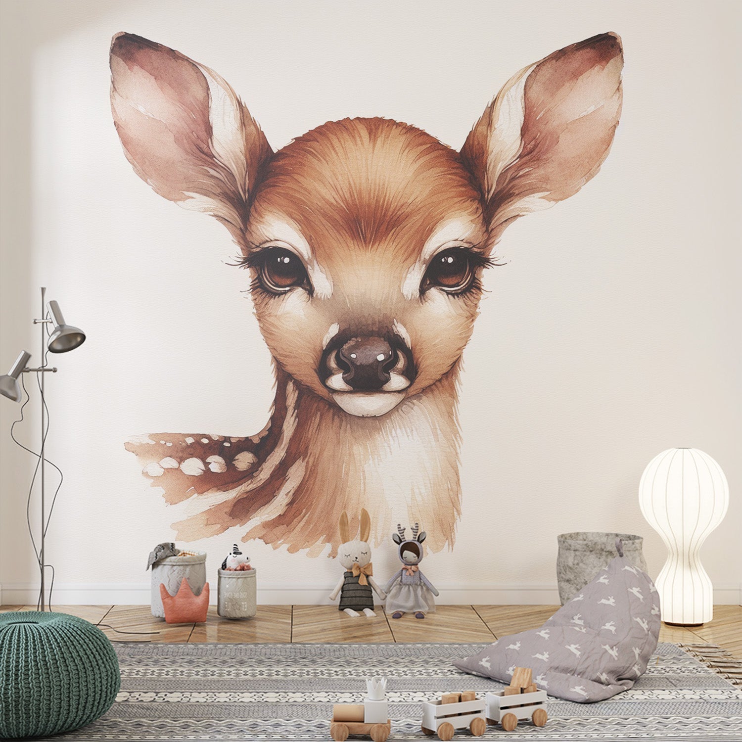 Baby deer wallpaper mural styled in a bright nursery with white furniture and soft textiles, creating a peaceful woodland theme