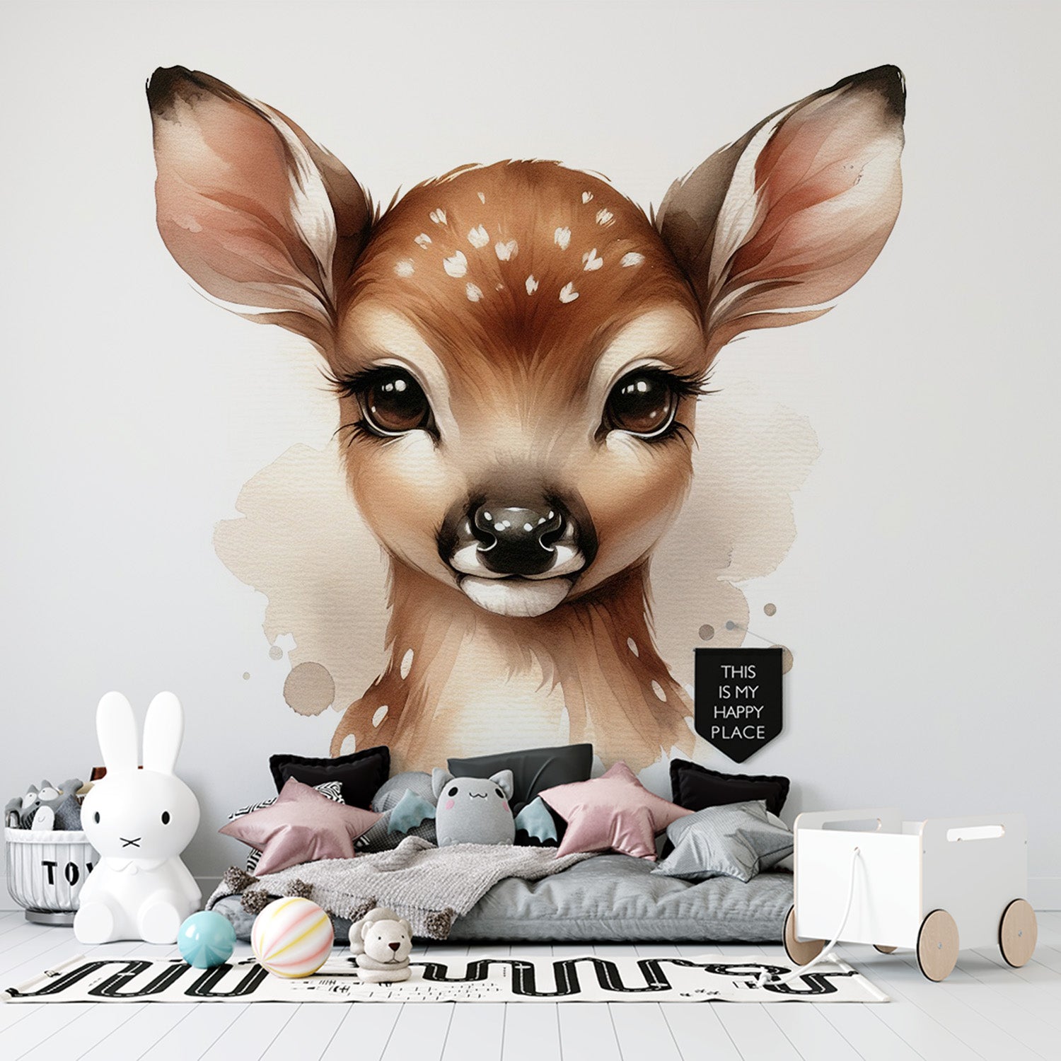 Sweet baby deer wallpaper in a cozy nursery setting, watercolor forest animal mural creating a peaceful atmosphere