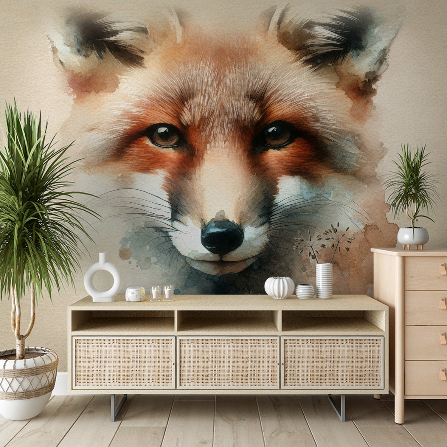 Watercolor Fox Mural Wallpaper creating a stunning focal point in a modern Scandinavian living room with natural light