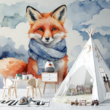 Watercolor Fox Wallpaper in a cozy nursery with white furniture and soft blue accents