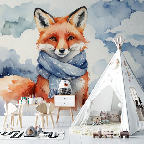 Watercolor Fox Wallpaper in a cozy nursery with white furniture and soft blue accents