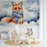 Woodland Fox Wallpaper bringing charm to a playroom with natural wood elements