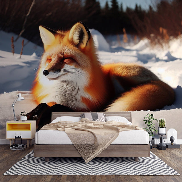 Forest animal wallpaper with winter fox shown in a cozy Scandinavian living room setting, creating a peaceful atmosphere