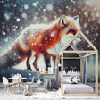 Forest animal wallpaper with winter fox shown in a modern Scandinavian living room setting with natural light