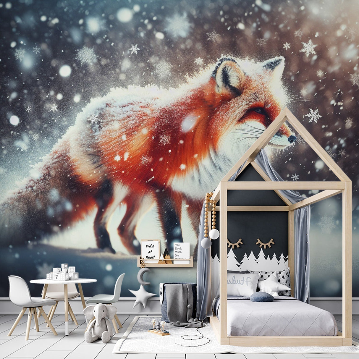 Forest animal wallpaper with winter fox shown in a modern Scandinavian living room setting with natural light