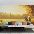 Forest animal wallpaper creating a cozy atmosphere in a modern living room, showing a squirrel in golden sunset light
