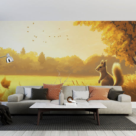 Forest animal wallpaper creating a cozy atmosphere in a modern living room, showing a squirrel in golden sunset light
