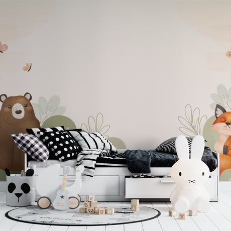 Forest Animals Wallpaper in cozy nursery with rocking chair and soft lighting