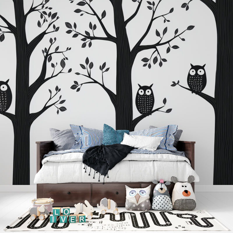 Owl tree wallpaper bringing character to a minimalist living room