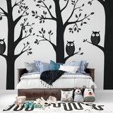 Owl tree wallpaper bringing character to a minimalist living room