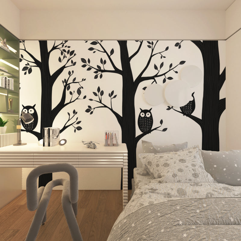 Black and white owl wallpaper transforming a master bedroom