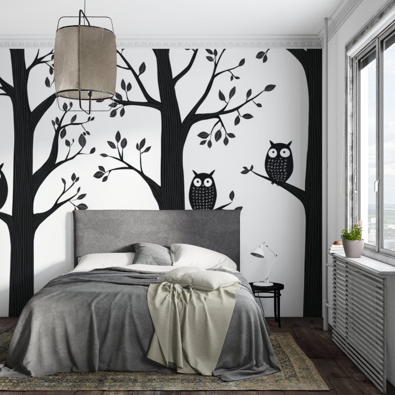 Woodland mural adding depth to a monochrome home office