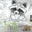 Black and white forest animal wallpaper featuring raccoon design styled in a modern Scandinavian nursery with natural wood furniture