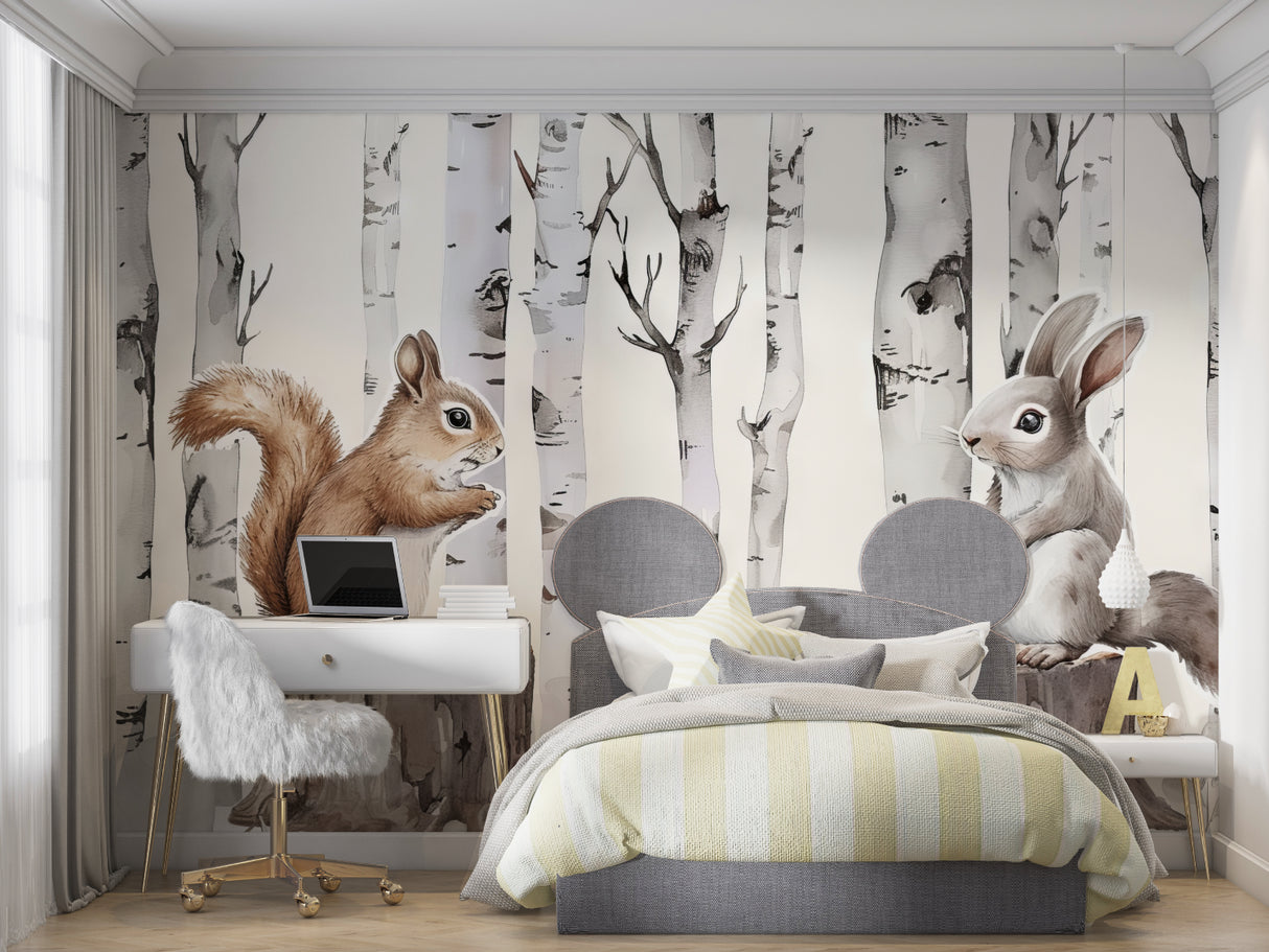 Forest Animals Wallpaper in cozy nursery with natural wooden furniture and soft lighting