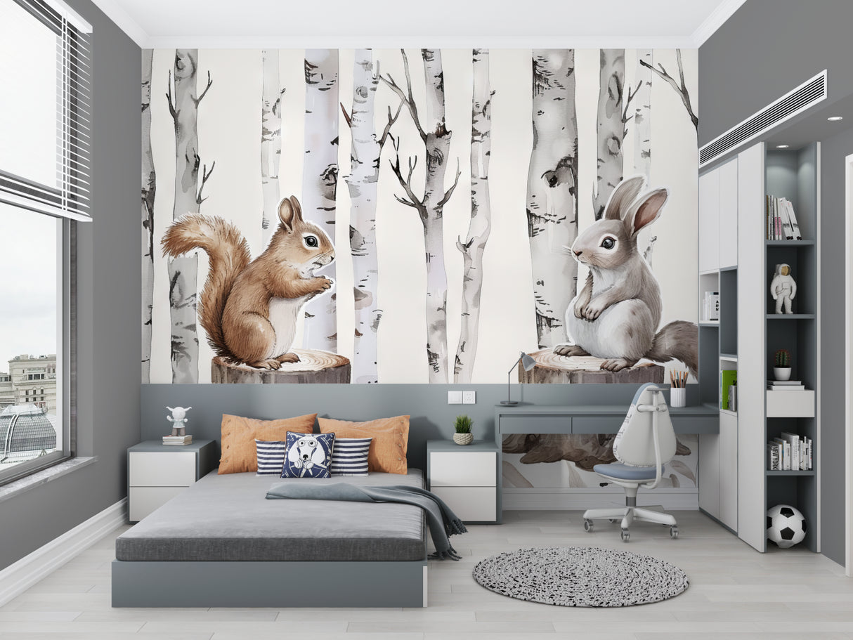 Forest Mural with bunny and squirrel brightening modern children's bedroom