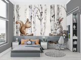 Forest Mural with bunny and squirrel brightening modern children's bedroom