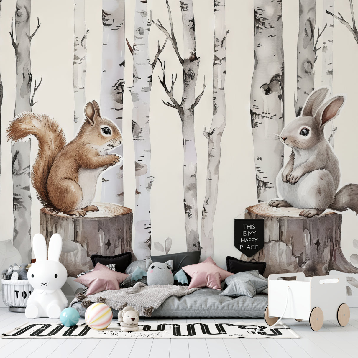 Forest Animals Wall Mural in Scandinavian style kids room with natural decor