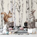 Forest Animals Wall Mural in Scandinavian style kids room with natural decor