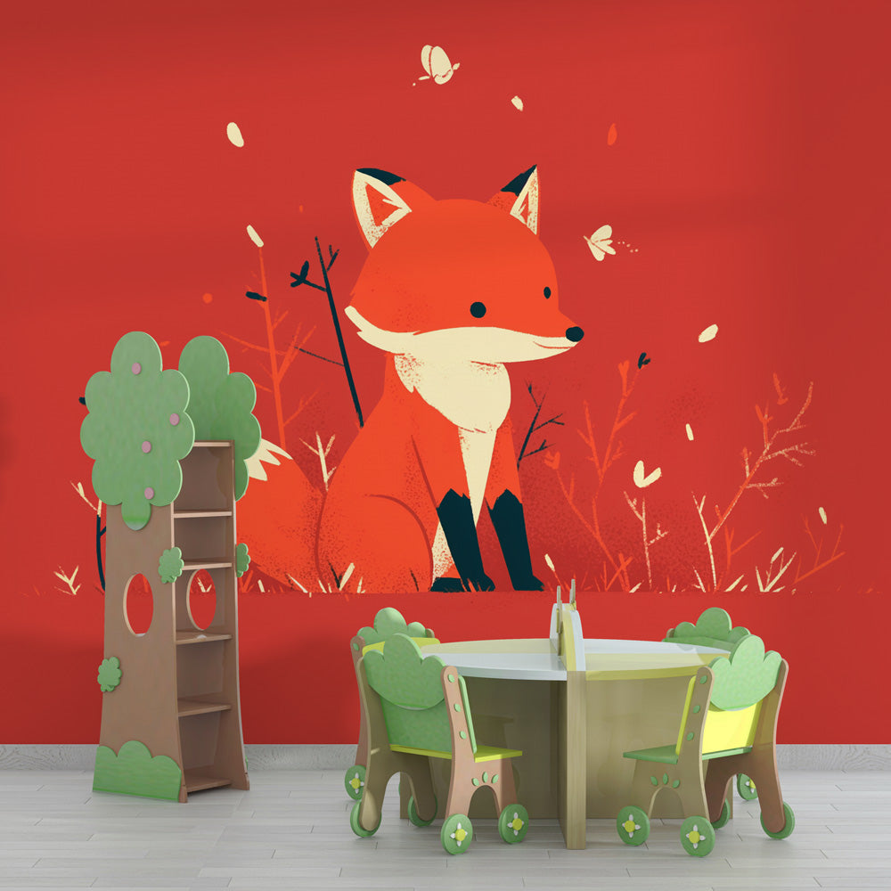 Forest fox wallpaper displayed in a bright nursery with natural wood furniture and soft lighting